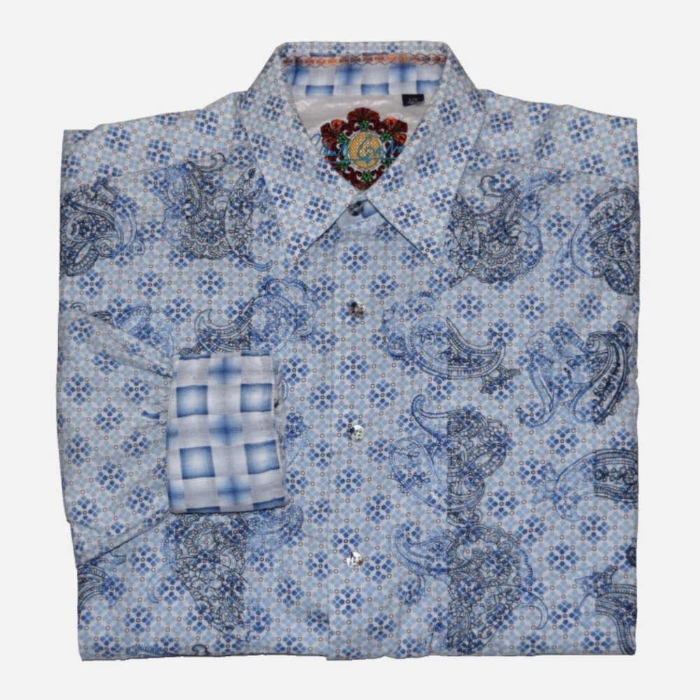 ROBERT GRAHAM Knowledge Wisdom Truth Embroidered Paisley Blue White Shirt L